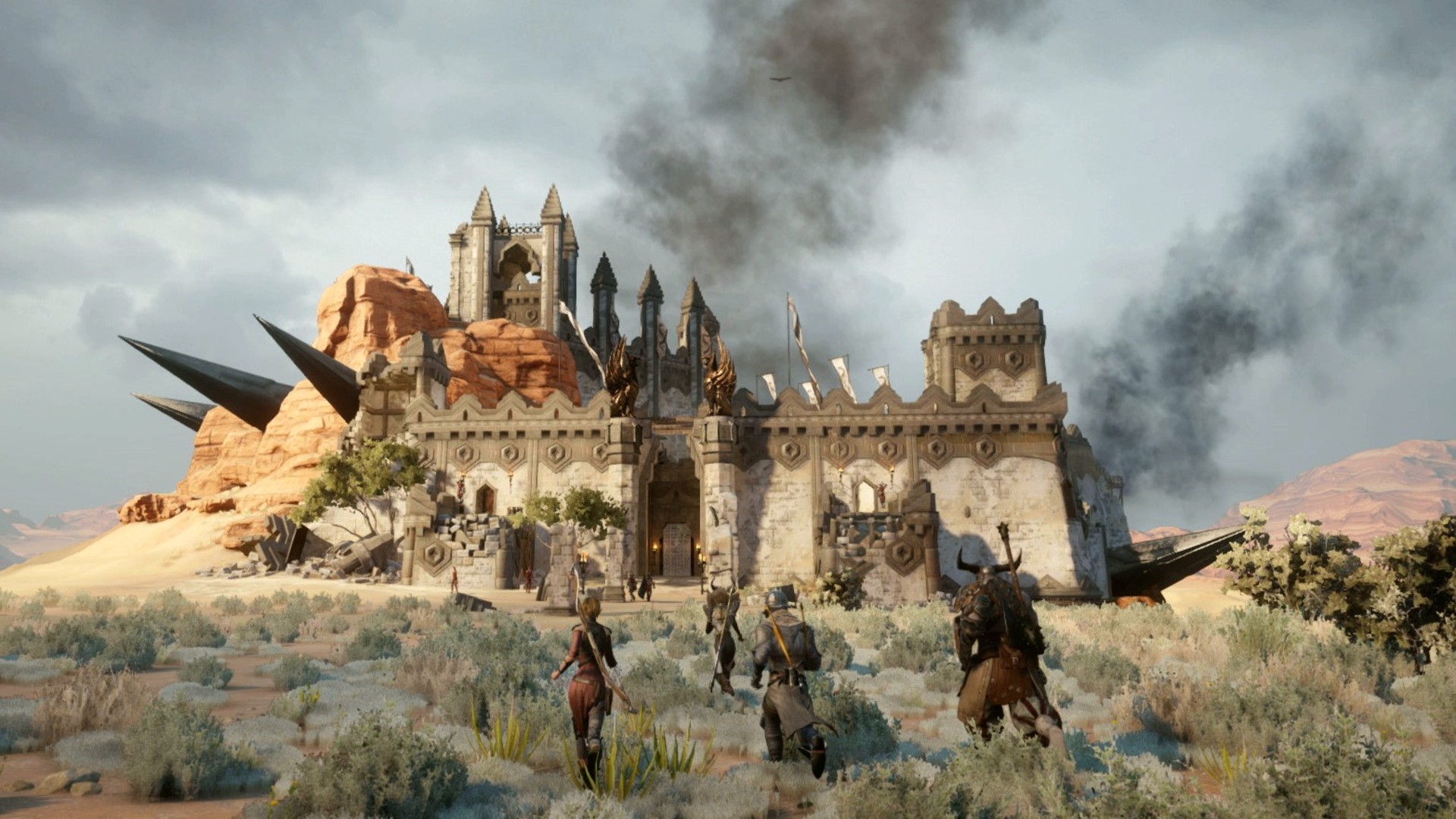 Скриншот из Dragon Age Inquisition, показывающий отряд, бегущий к крепости в открытом мире локации «Западный подход».