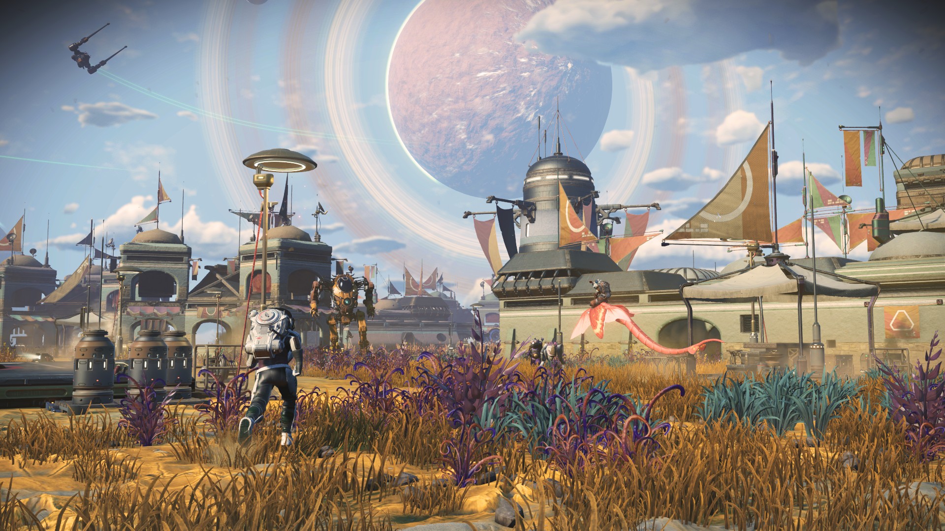 Игрок бежит к базе во время игры No Man's Sky.