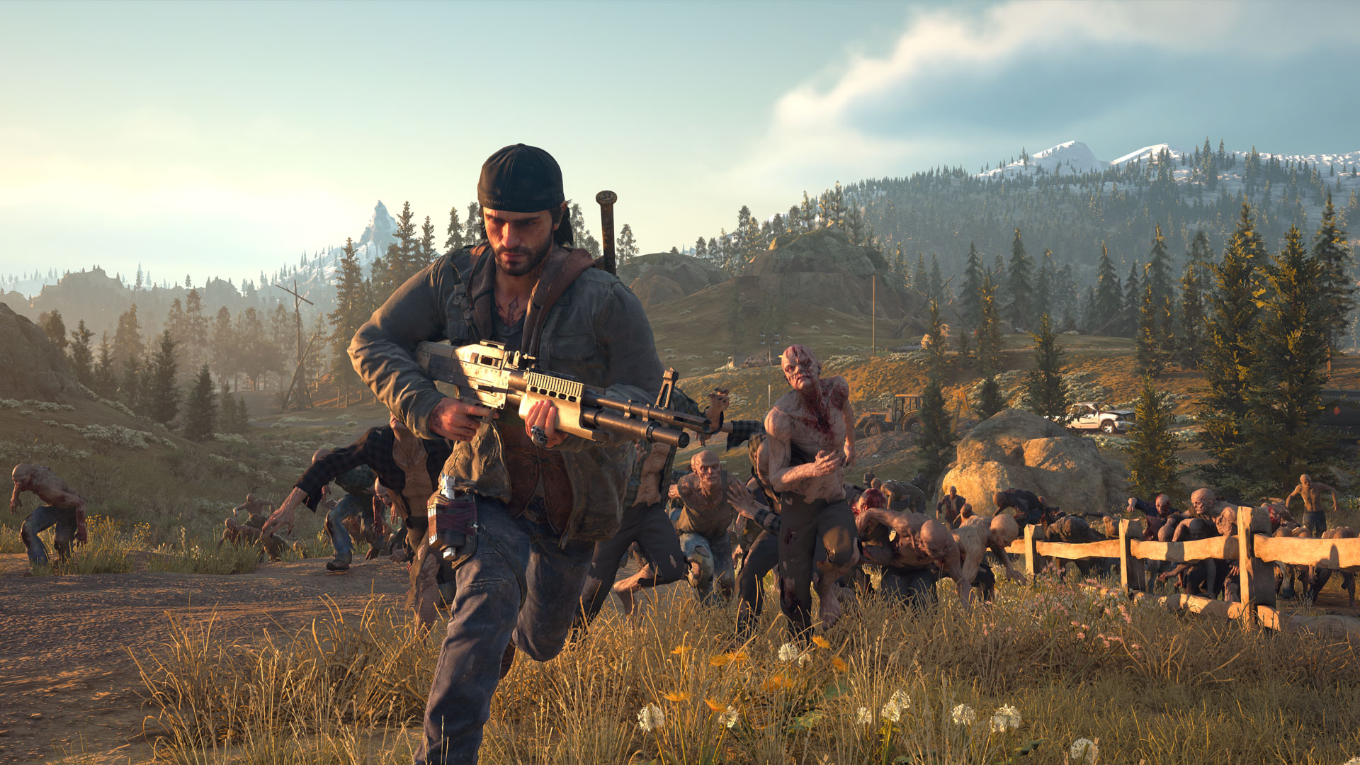 Скриншот из игры Days Gone, на котором изображен выживший мужчина с огнестрельным оружием в руках, убегающий от надвигающейся орды зомби через дикую местность.