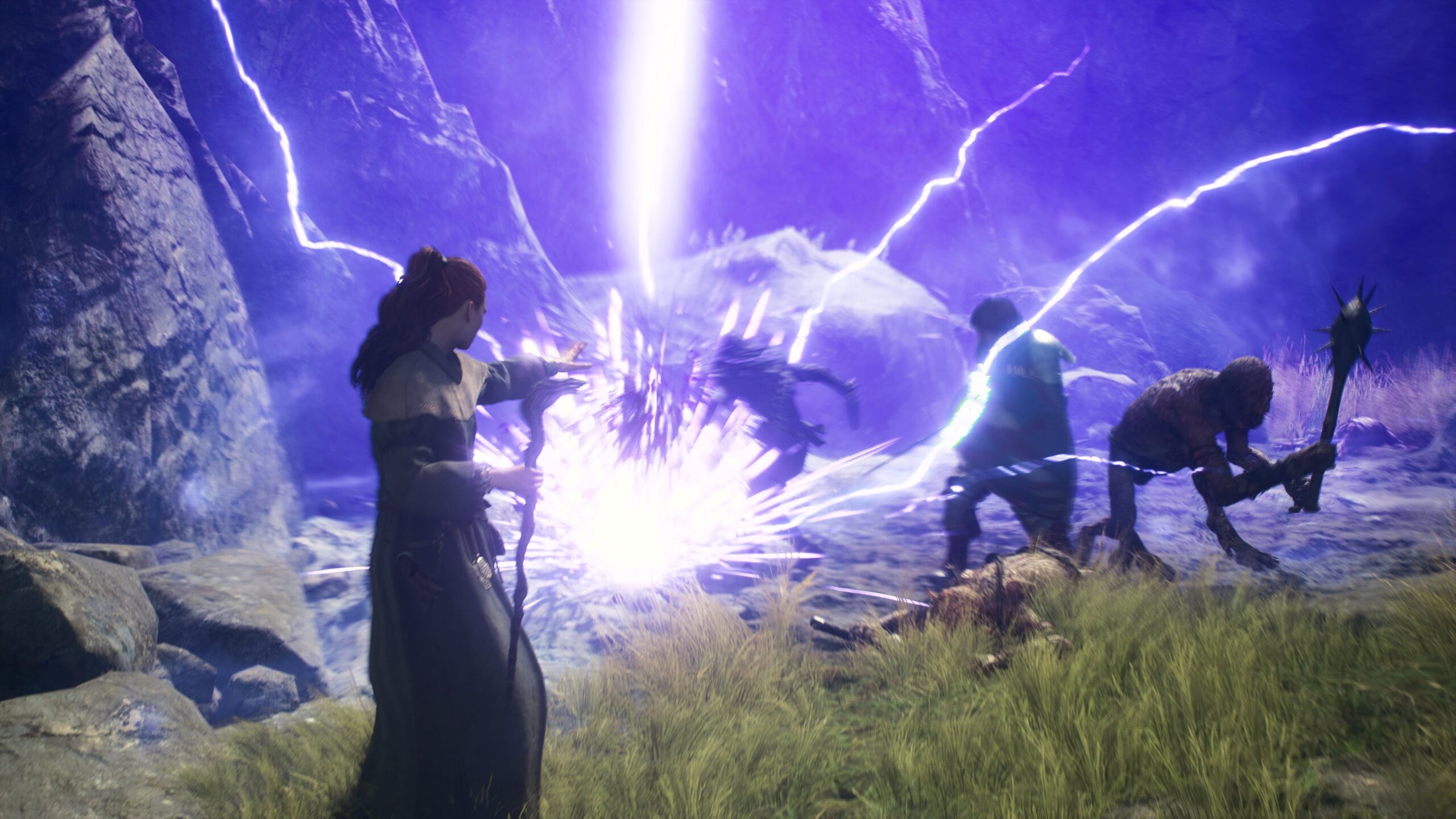 Скриншот из Dragon's Dogma 2, на котором волшебник применяет заклинание фиолетового цвета против полчища врагов-гоблинов.