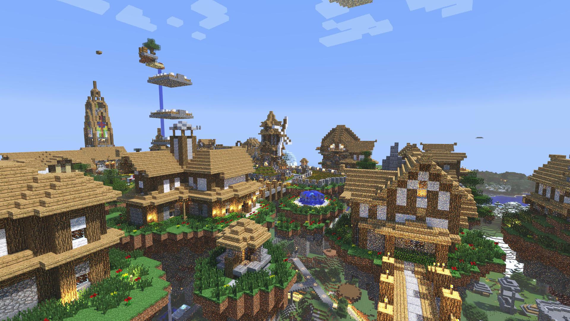 Скриншот Minecraft с изображением города, построенного вручную, с дорогами, домами и зеленью.