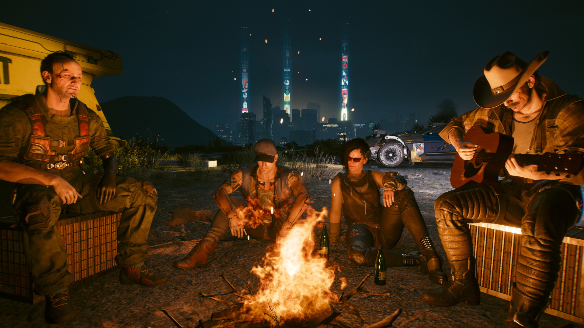 Кочевники Альдекальдос окружают костер в Cyberpunk 20777.