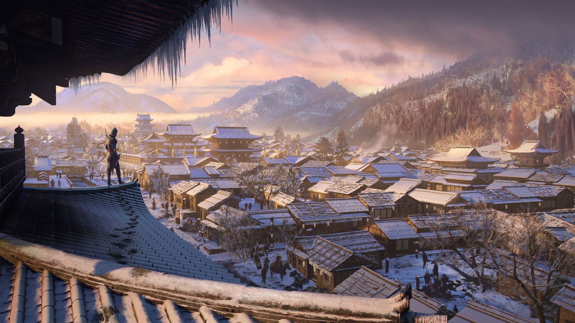 Ниндзя стоит на крыше и смотрит на Японию в Assassin's Creed Shadows, одной из лучших игр с открытым миром.