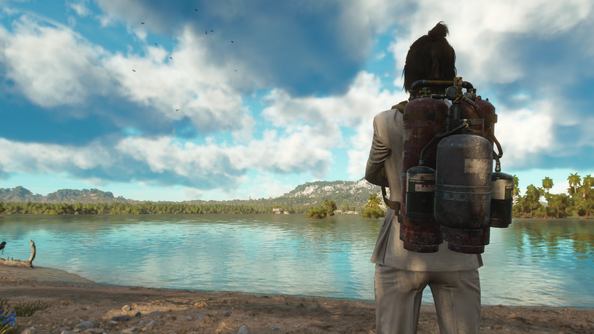 Скриншот из Far Cry 6, на котором персонаж стоит спиной к игроку, лицом к большому озеру и с кислородным баллоном.