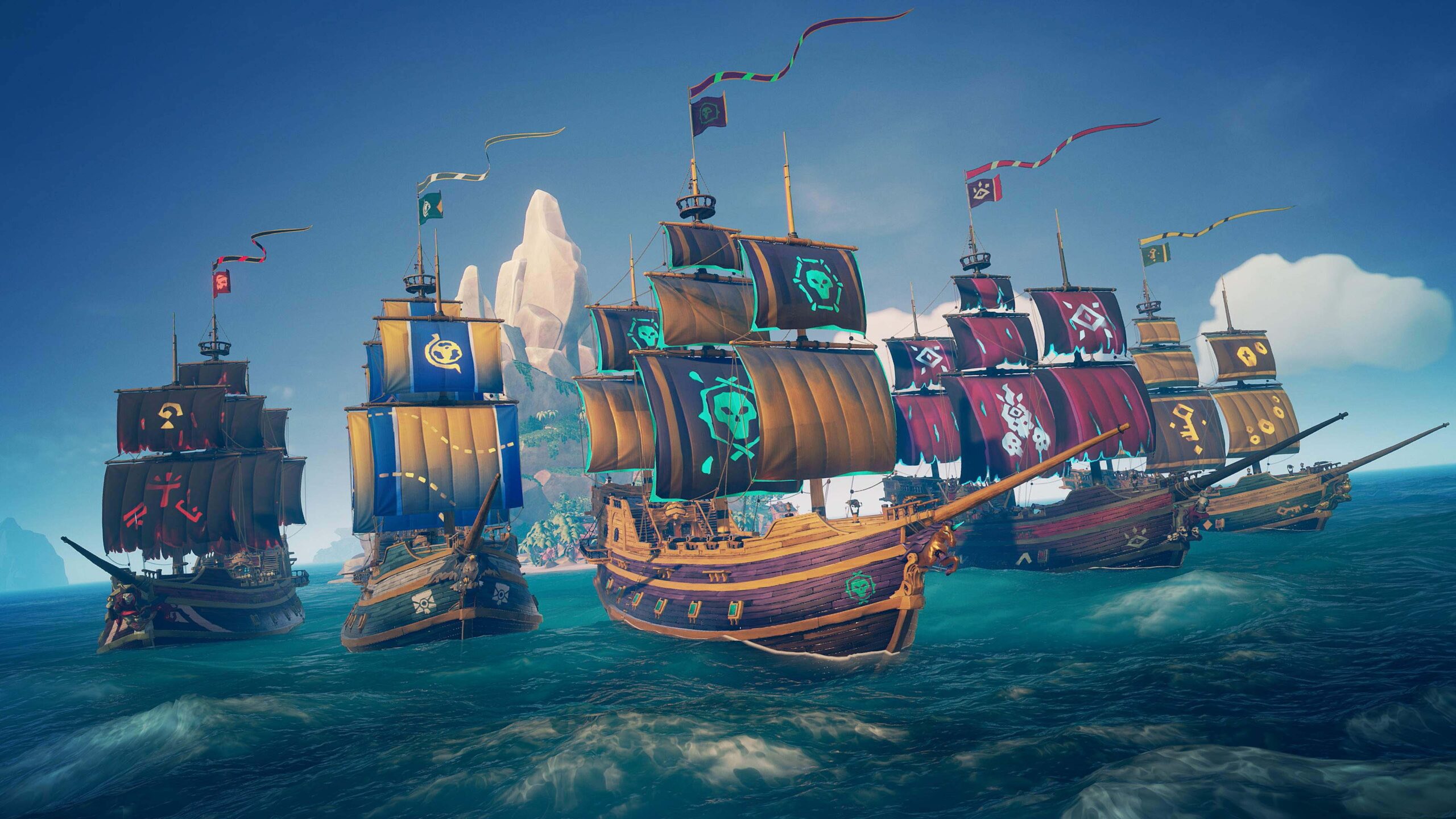 Скриншот из игры Sea of ​​Thieves, на котором изображены редкие корабли-посланники с черными, желтыми, синими и красными флагами, плывущие рядом друг с другом.
