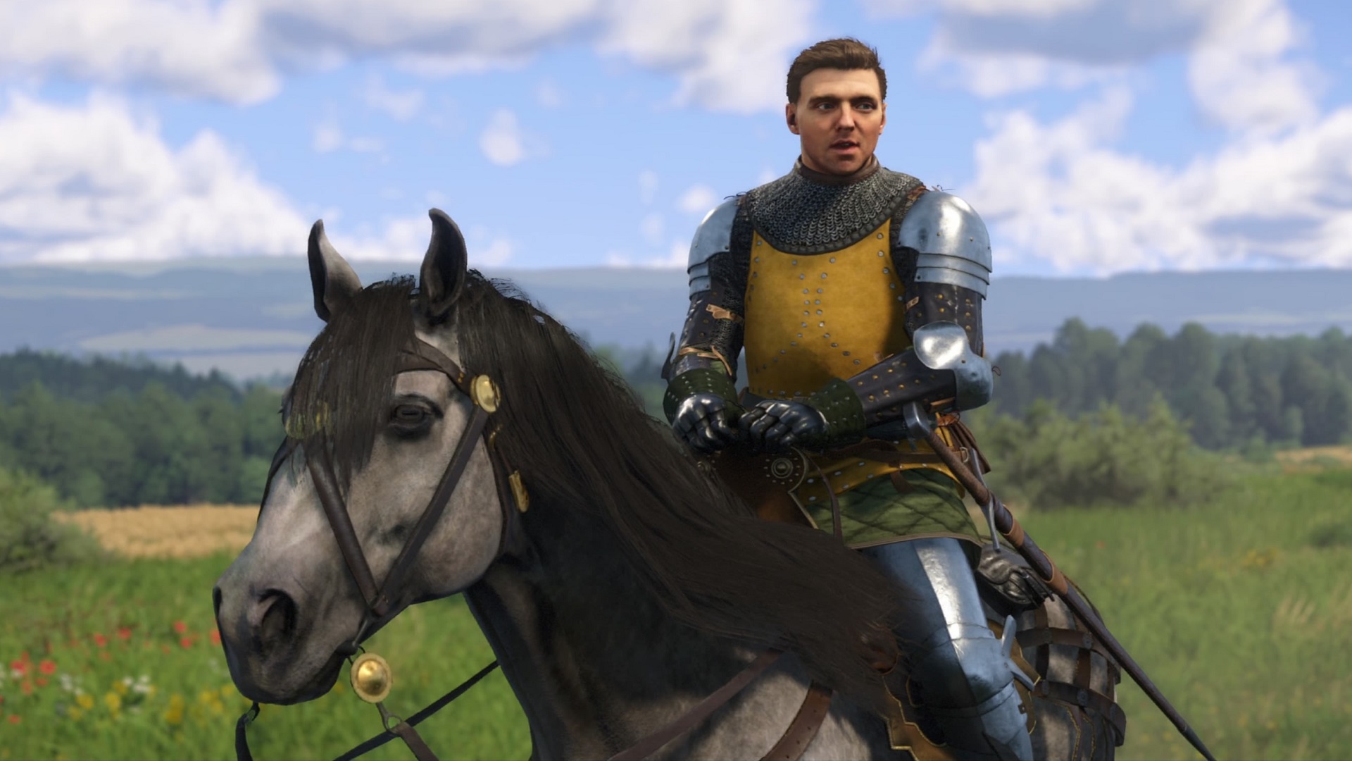 Скриншот из игры Kingdom Come: Deliverance 2, на котором Генри сидит на лошади.